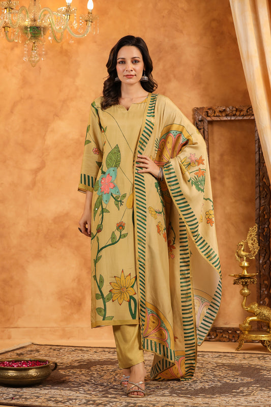 Beige Floral Muslin Suit Set