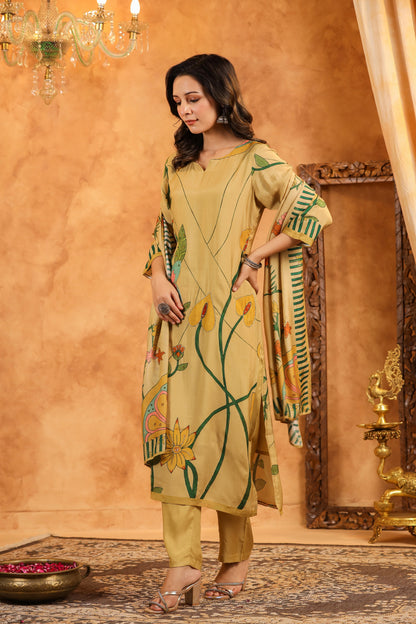 Beige Floral Muslin Suit Set
