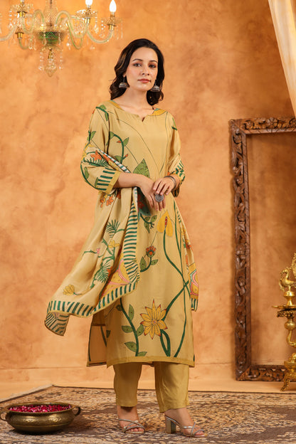 Beige Floral Muslin Suit Set