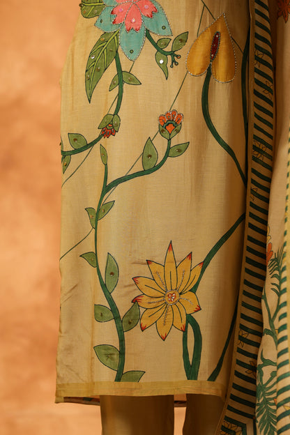 Beige Floral Muslin Suit Set