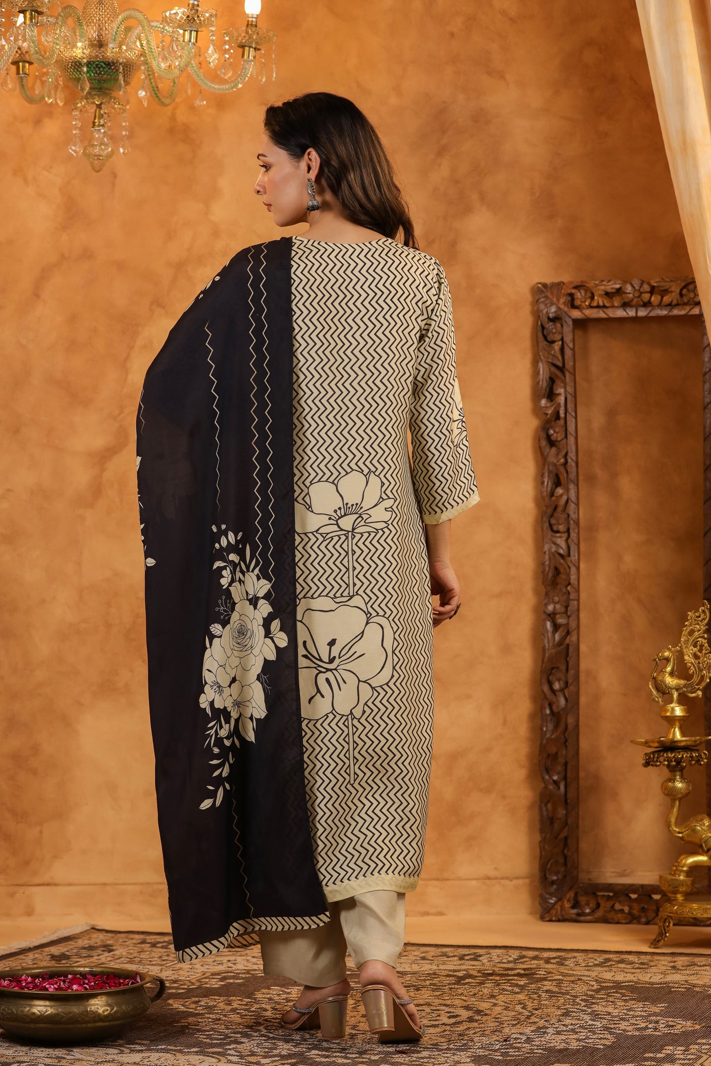 Cream Black Abstract Muslin Suit Set