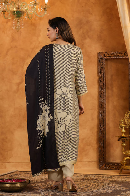 Cream Black Abstract Muslin Suit Set