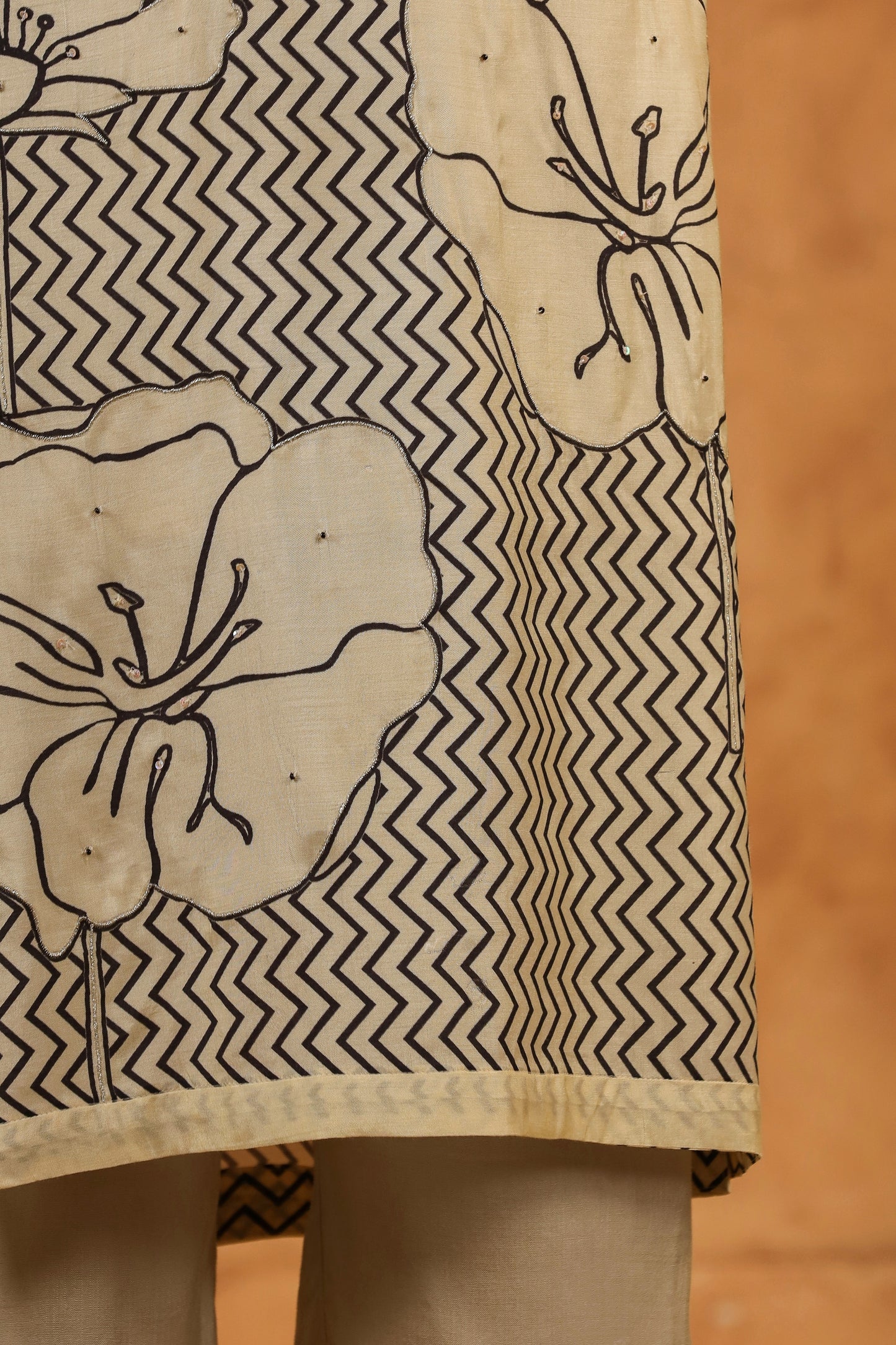 Cream Black Abstract Muslin Suit Set