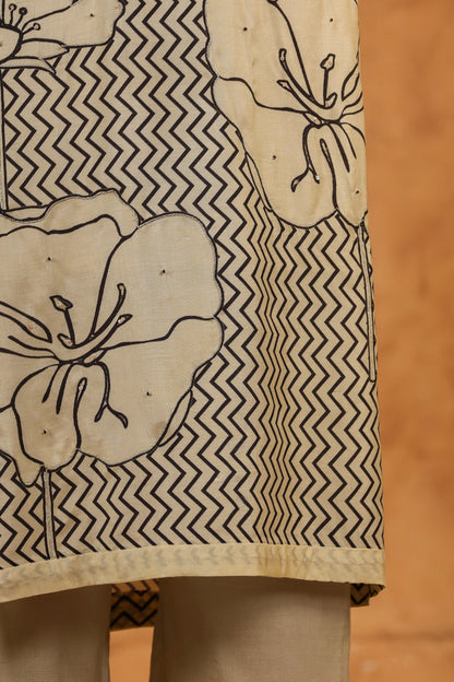 Cream Black Abstract Muslin Suit Set