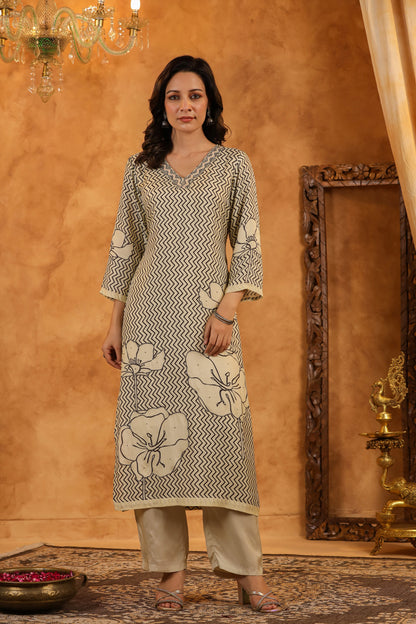 Cream Black Abstract Muslin Suit Set