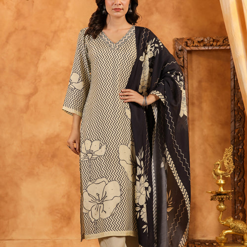 Black Abstract Pure Muslin Suit Set