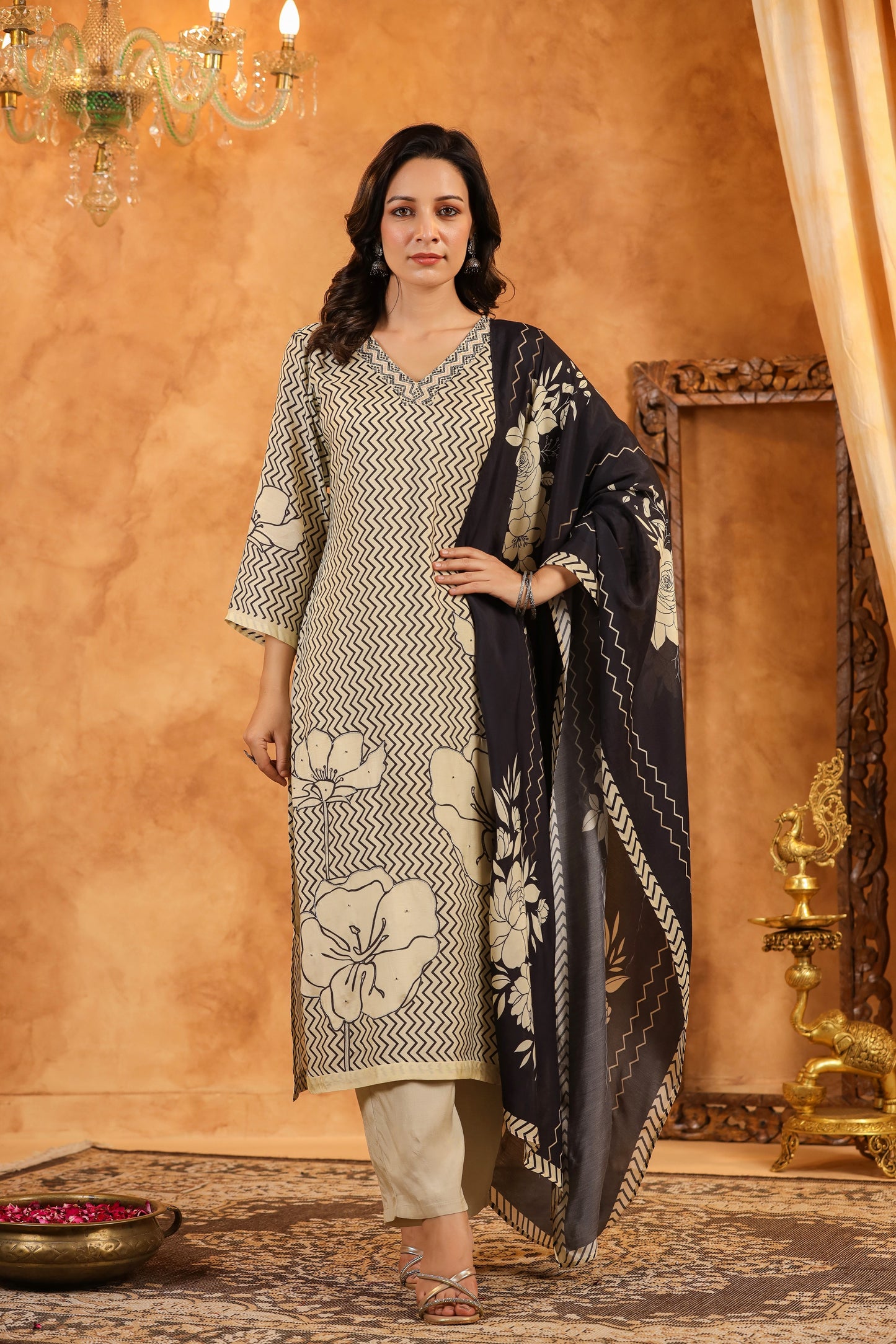 Cream Black Abstract Muslin Suit Set