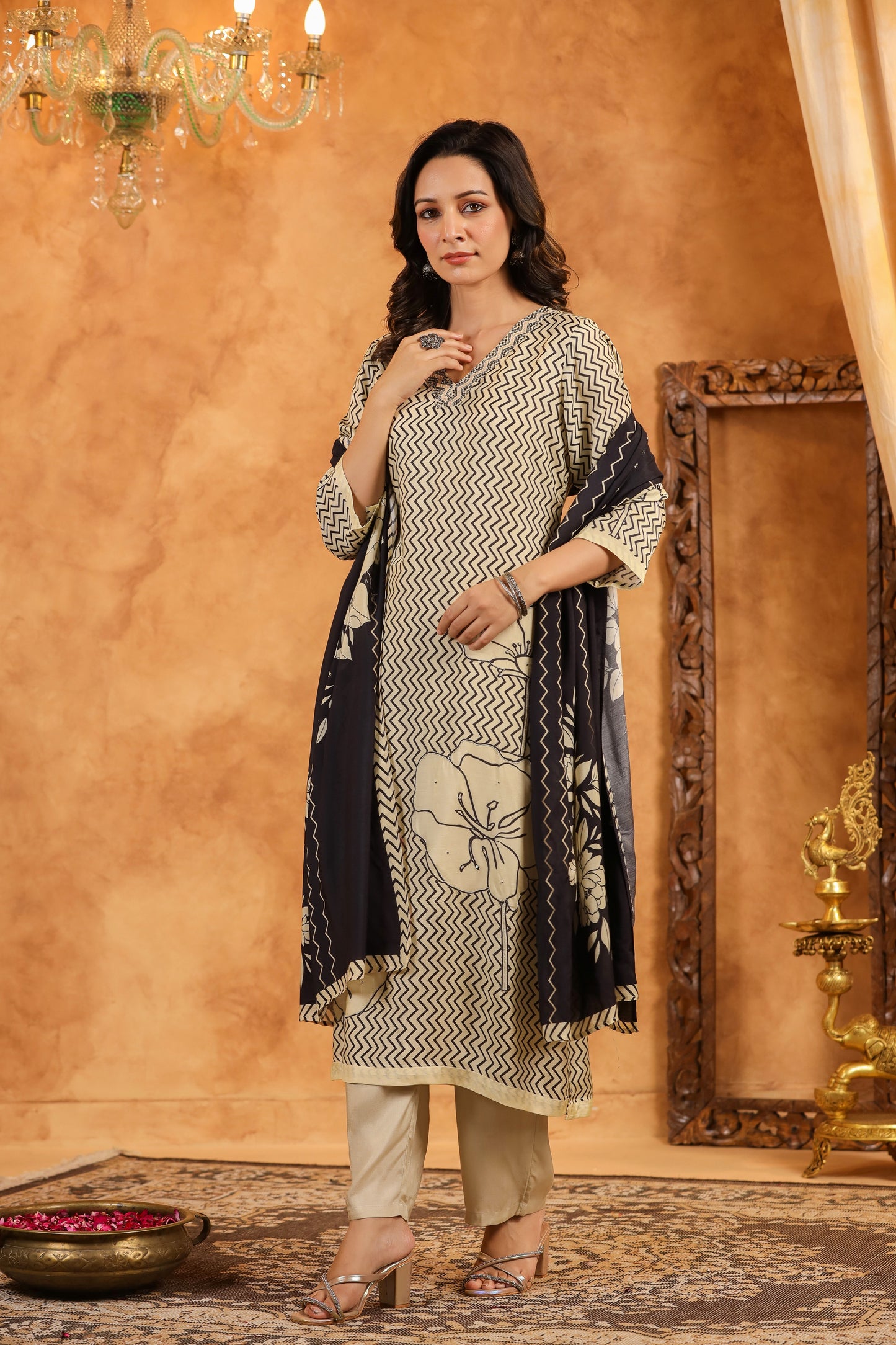 Cream Black Abstract Muslin Suit Set