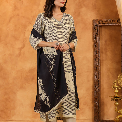 Black Abstract Pure Muslin Suit Set