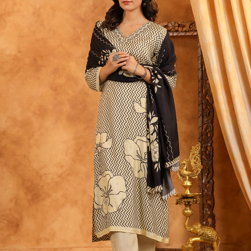 Black Abstract Pure Muslin Suit Set