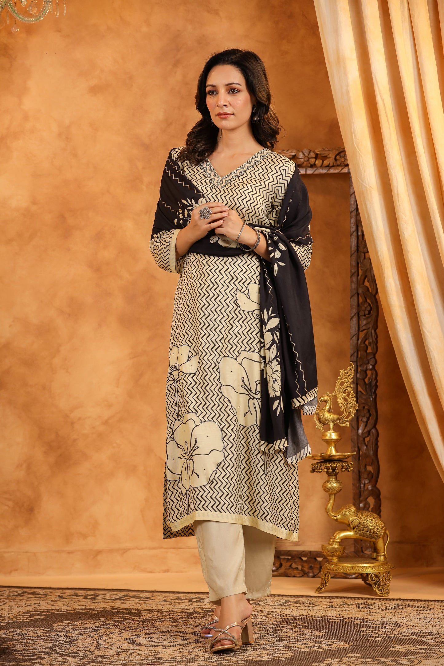 Cream Black Abstract Muslin Suit Set