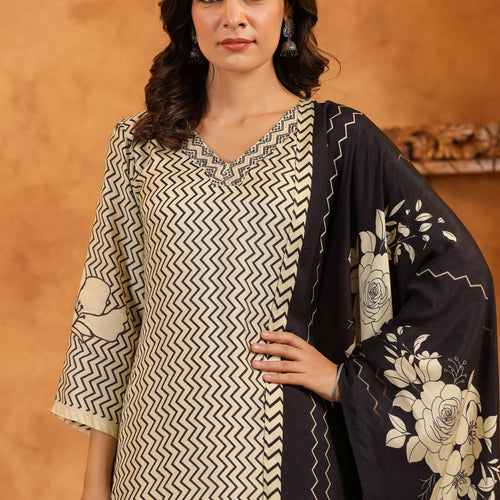 Black Abstract Pure Muslin Suit Set