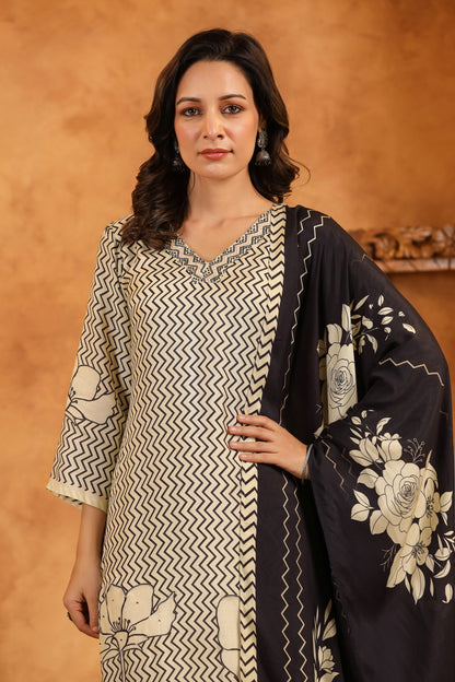 Cream Black Abstract Muslin Suit Set