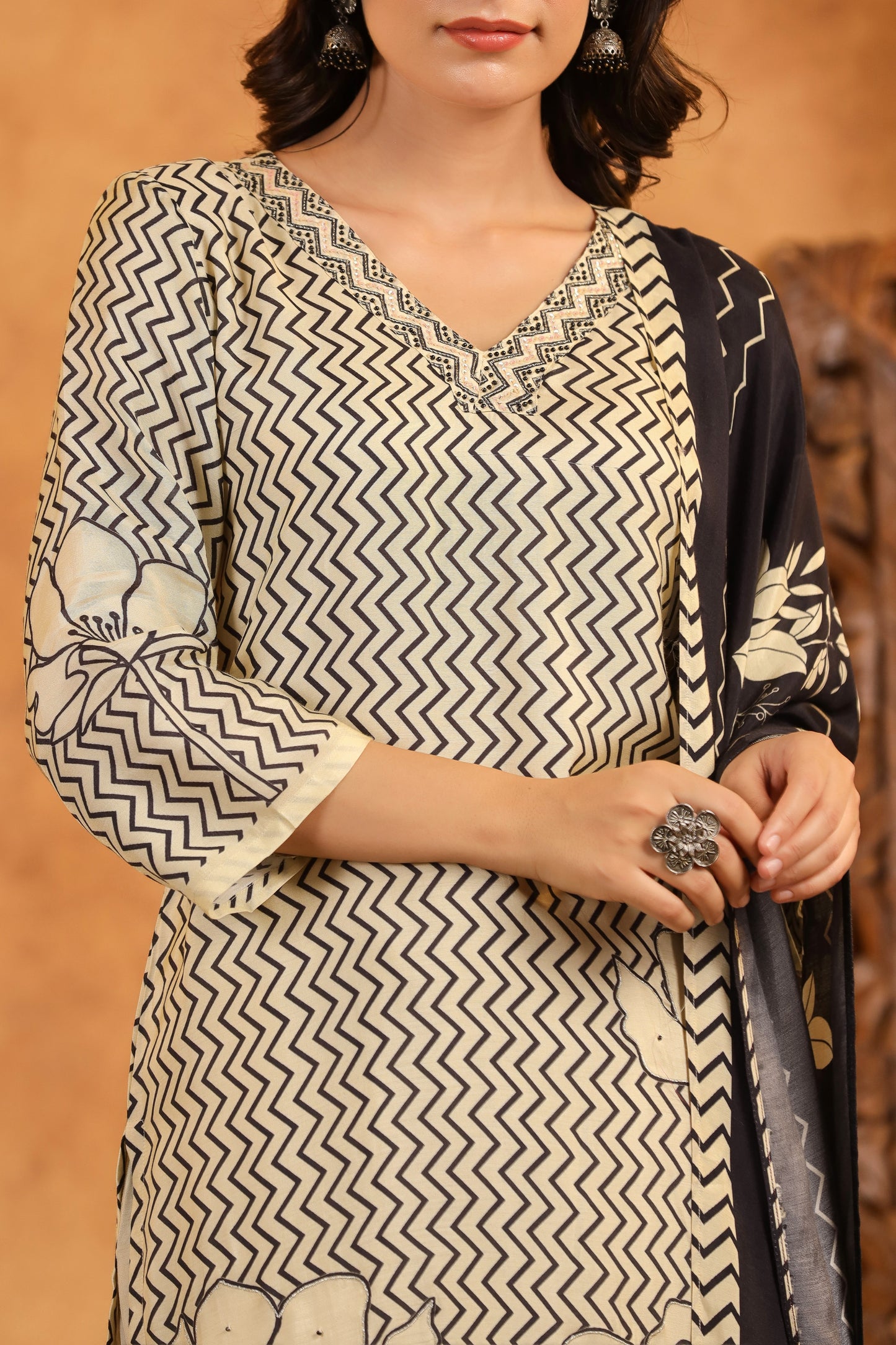 Cream Black Abstract Muslin Suit Set