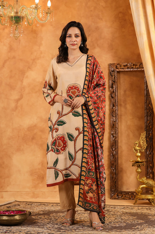 Beige Kalamkari Muslin Suit Set