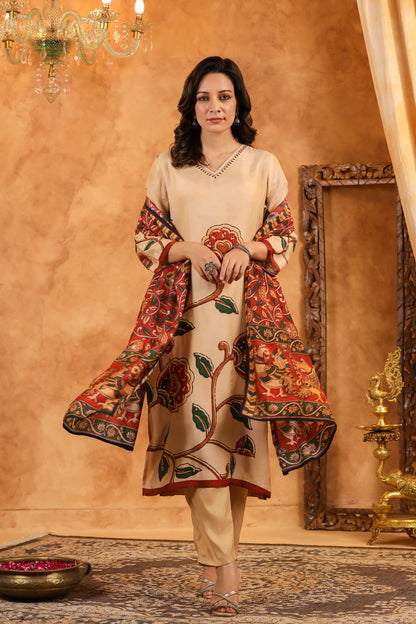 Beige Kalamkari Muslin Suit Set