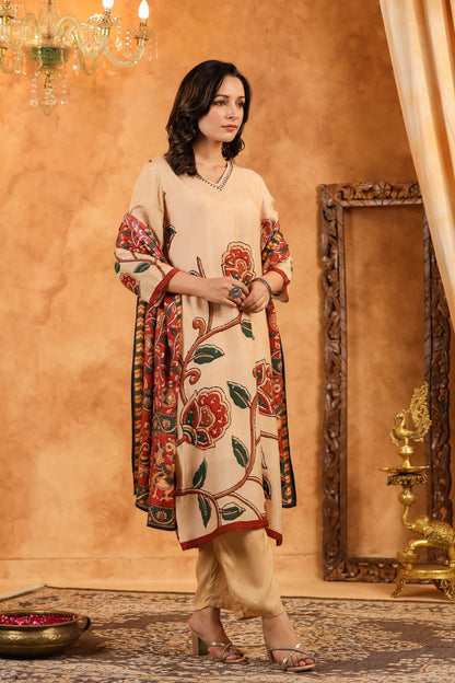 Beige Kalamkari Muslin Suit Set