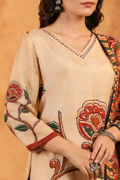 Beige Kalamkari Muslin Suit Set