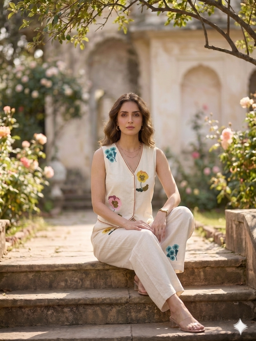 Ira Floral Embroidered Vest Set
