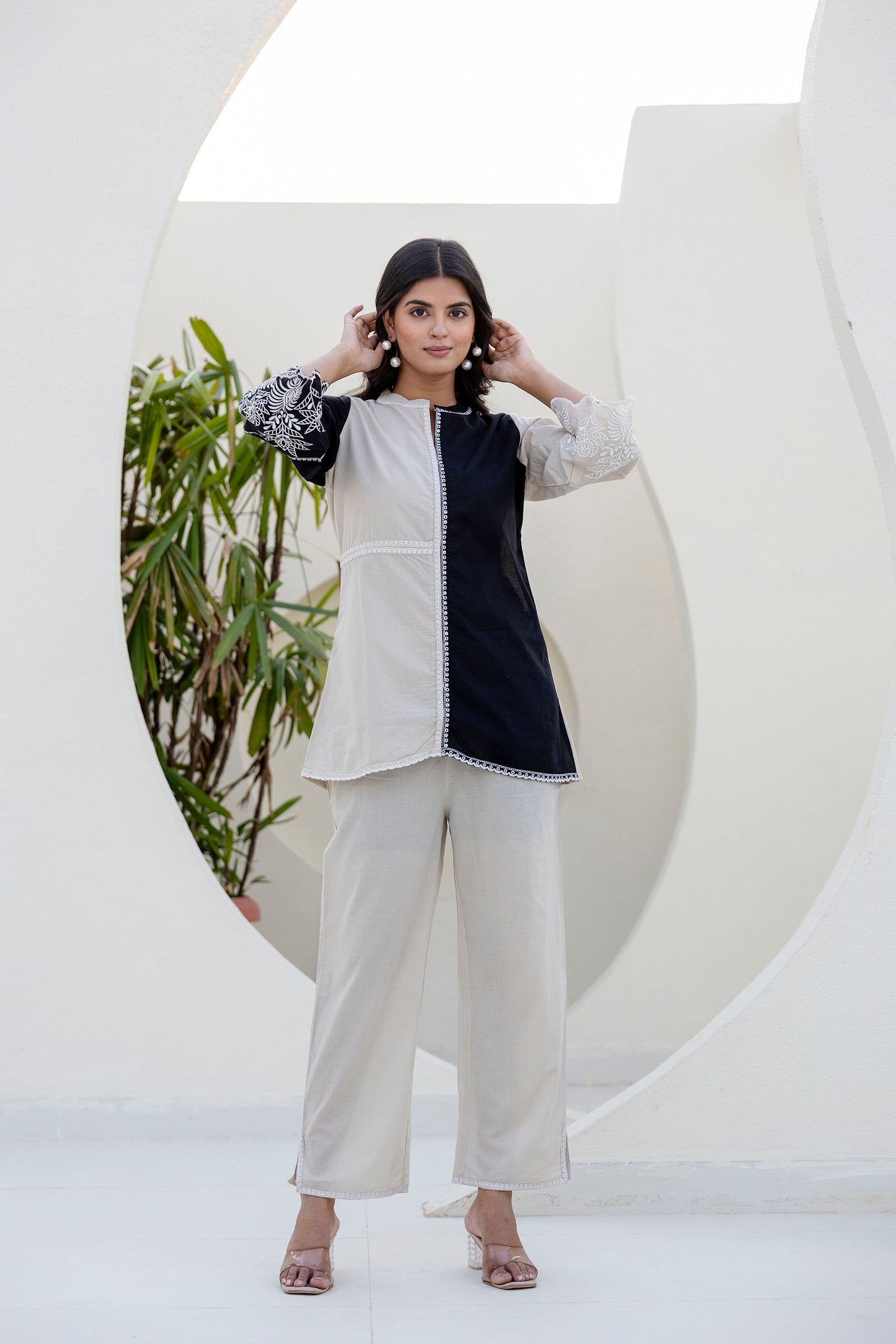 Cotton Color-block Embroidery Co-ord Set