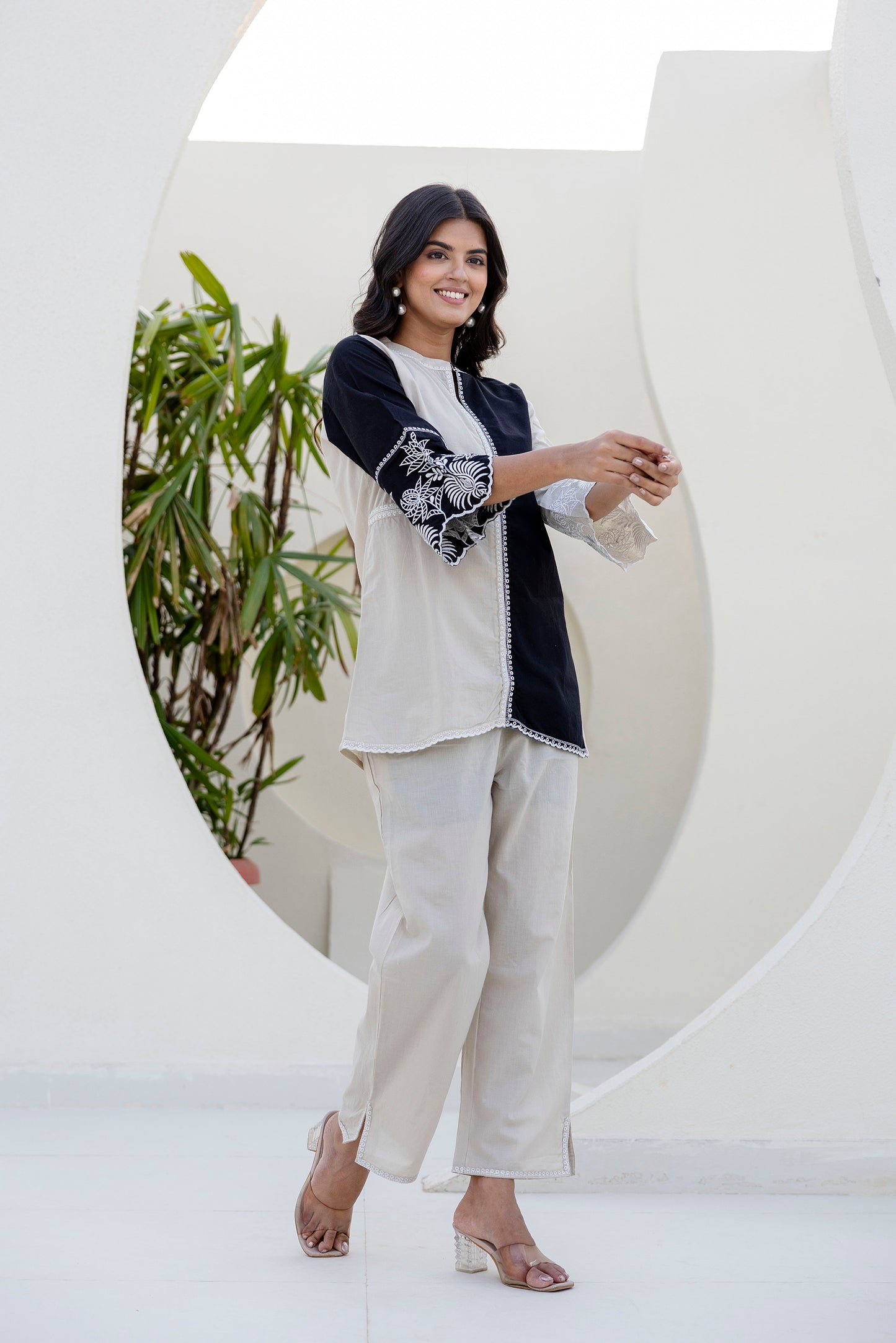 Cotton Color-block Embroidery Co-ord Set