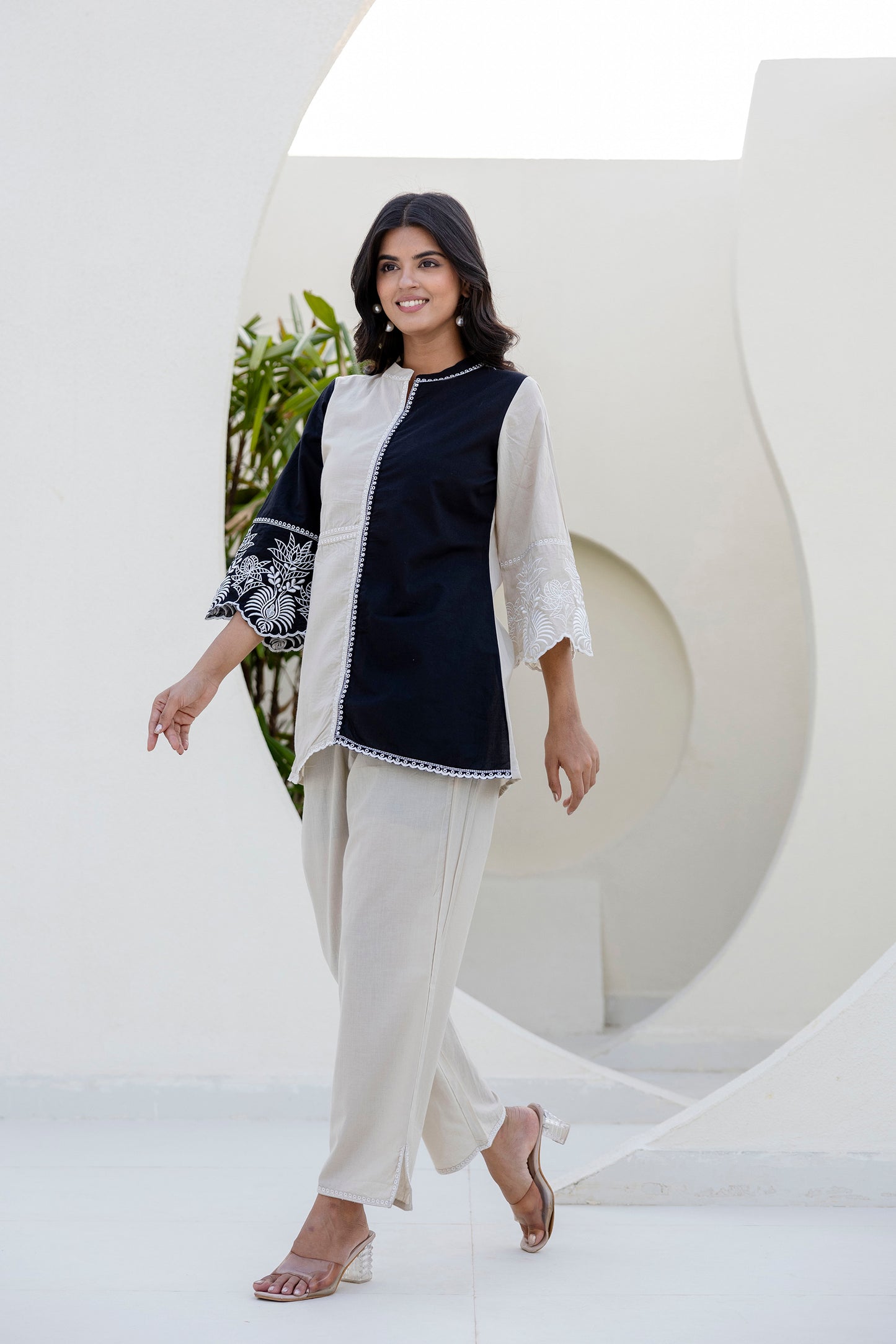 Cotton Color-block Embroidery Co-ord Set