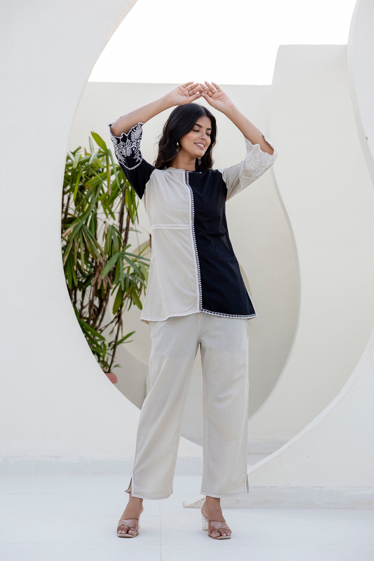 Cotton Color-block Embroidery Co-ord Set