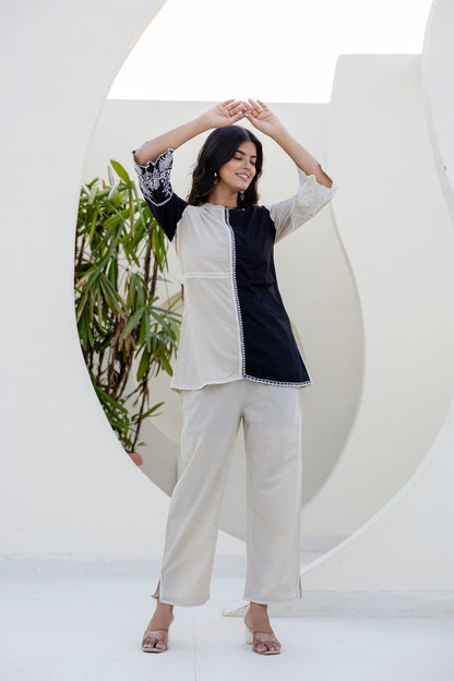 Cotton Color-block Embroidery Co-ord Set