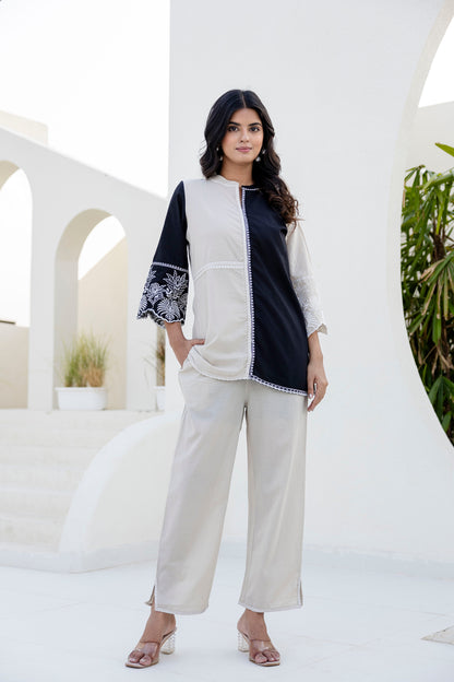 Cotton Color-block Embroidery Co-ord Set