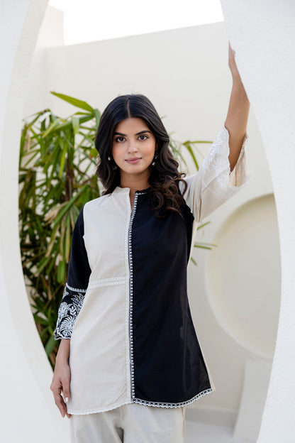 Cotton Color-block Embroidery Co-ord Set