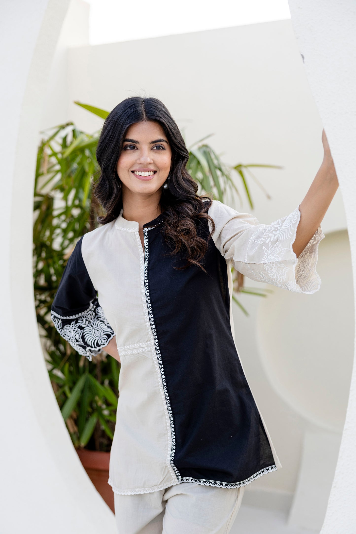 Cotton Color-block Embroidery Co-ord Set