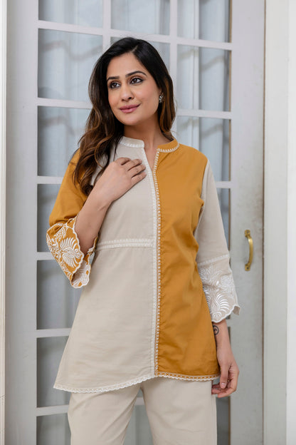 Cotton Color-block Embroidery Co-ord Set