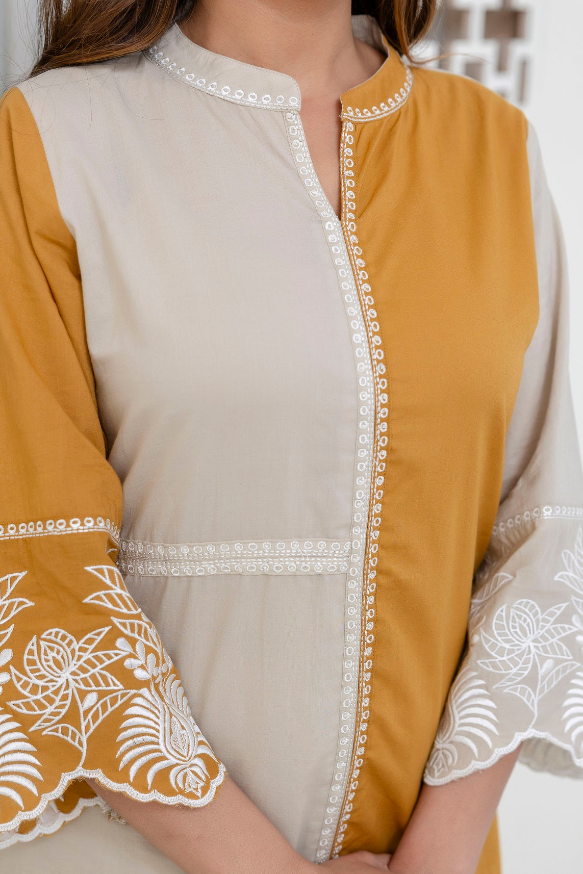 Cotton Color-block Embroidery Co-ord Set