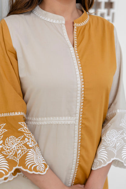 Cotton Color-block Embroidery Co-ord Set