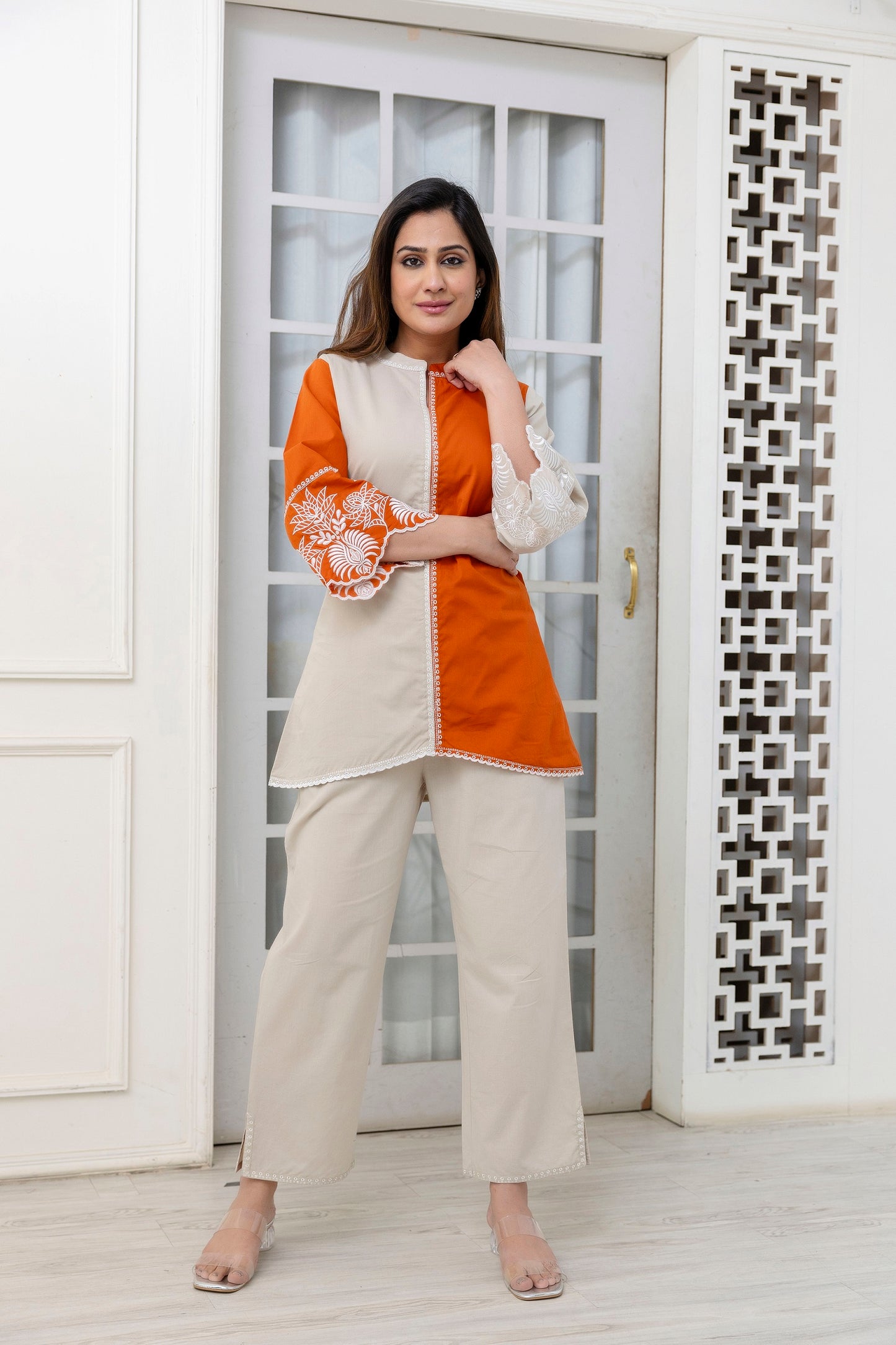 Cotton Color-block Embroidery Co-ord Set