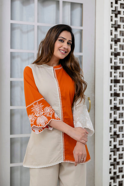 Cotton Color-block Embroidery Co-ord Set