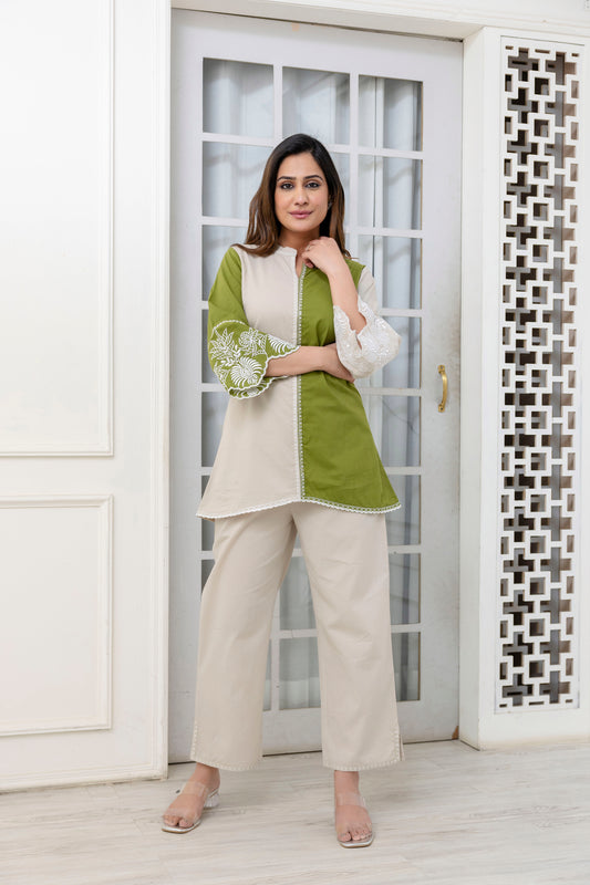Cotton Color-block Embroidery Co-ord Set