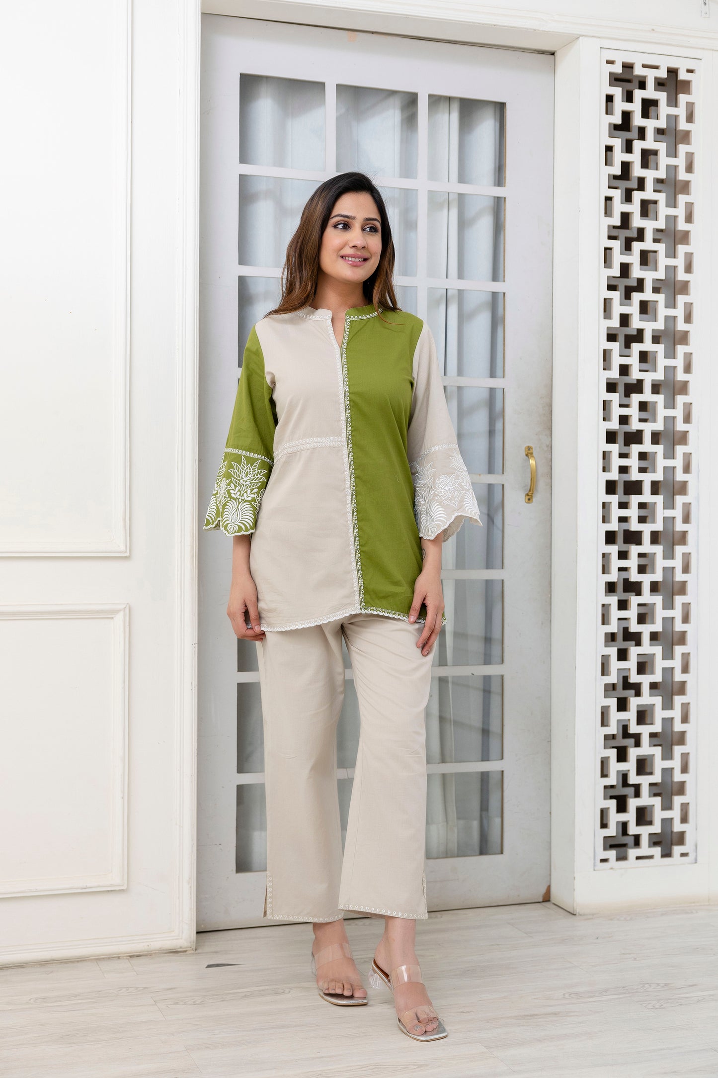 Cotton Color-block Embroidery Co-ord Set