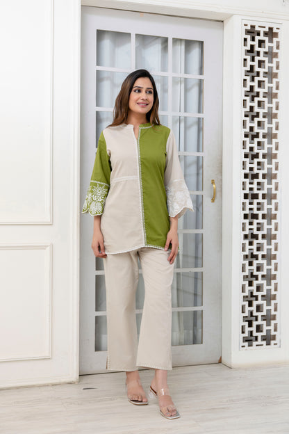 Cotton Color-block Embroidery Co-ord Set
