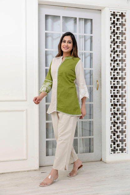 Cotton Color-block Embroidery Co-ord Set