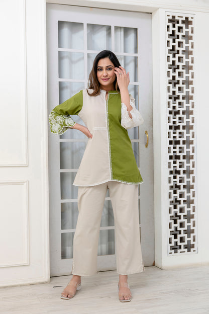 Cotton Color-block Embroidery Co-ord Set