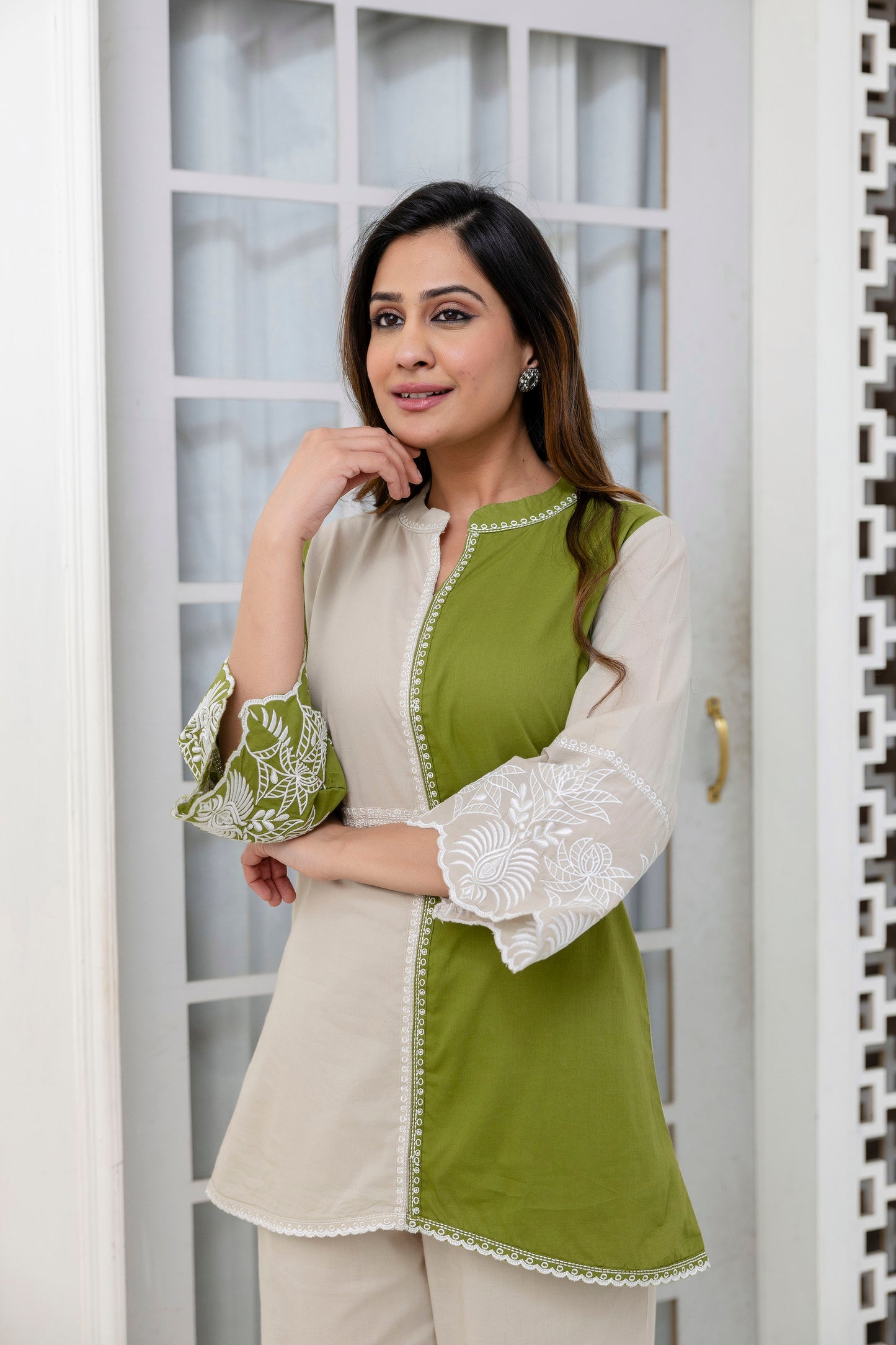 Cotton Color-block Embroidery Co-ord Set