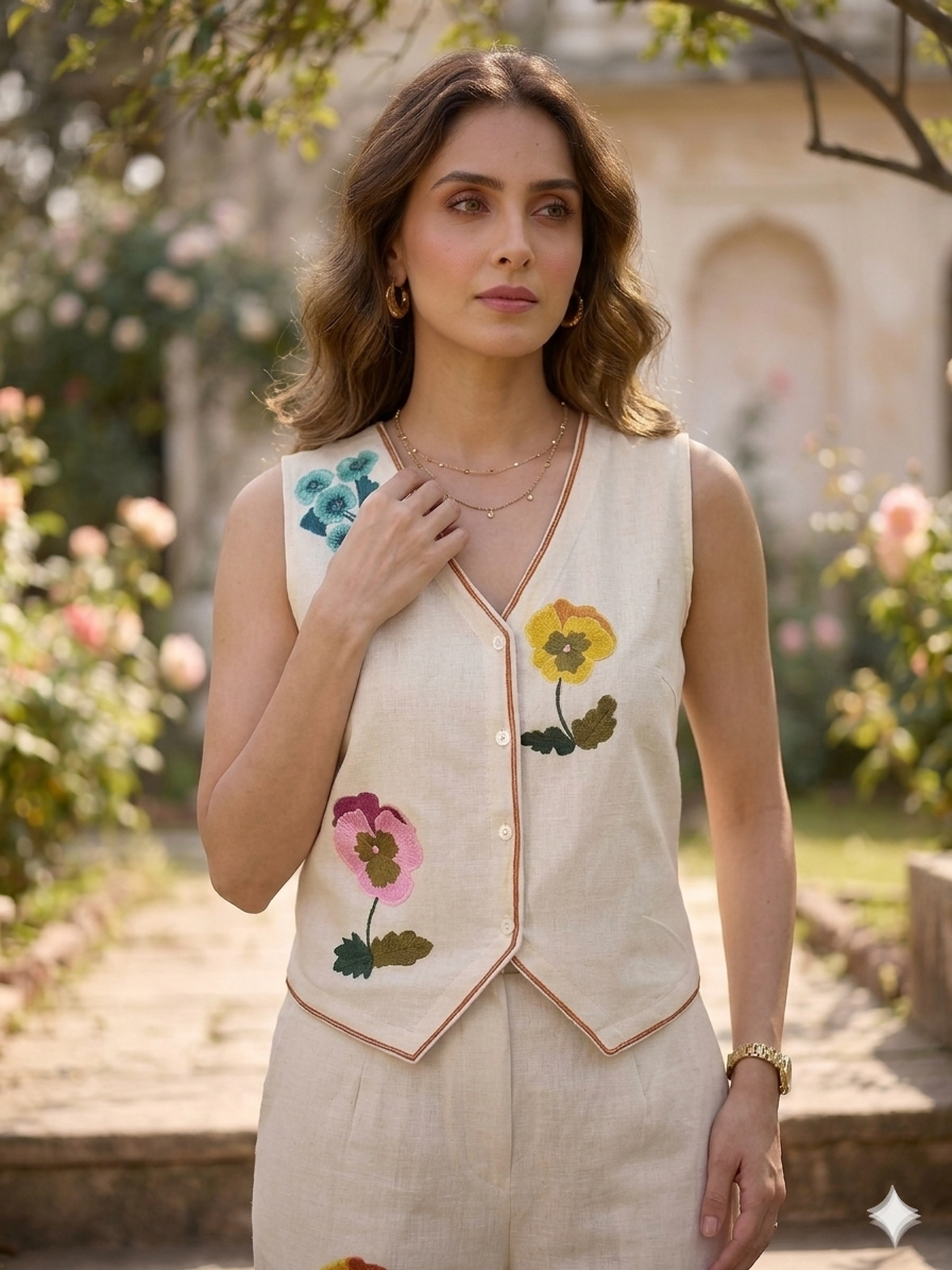 Ira Floral Embroidered Vest Set