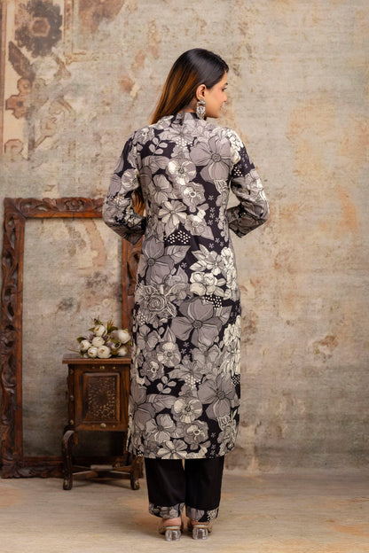 Black Floral Angrakha Kurta Set