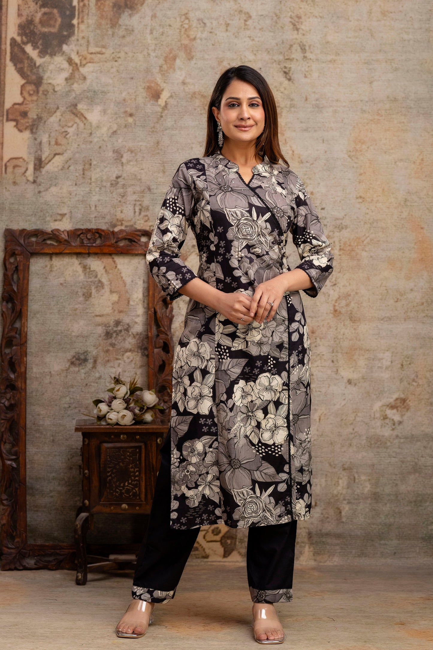 Black Floral Angrakha Kurta Set