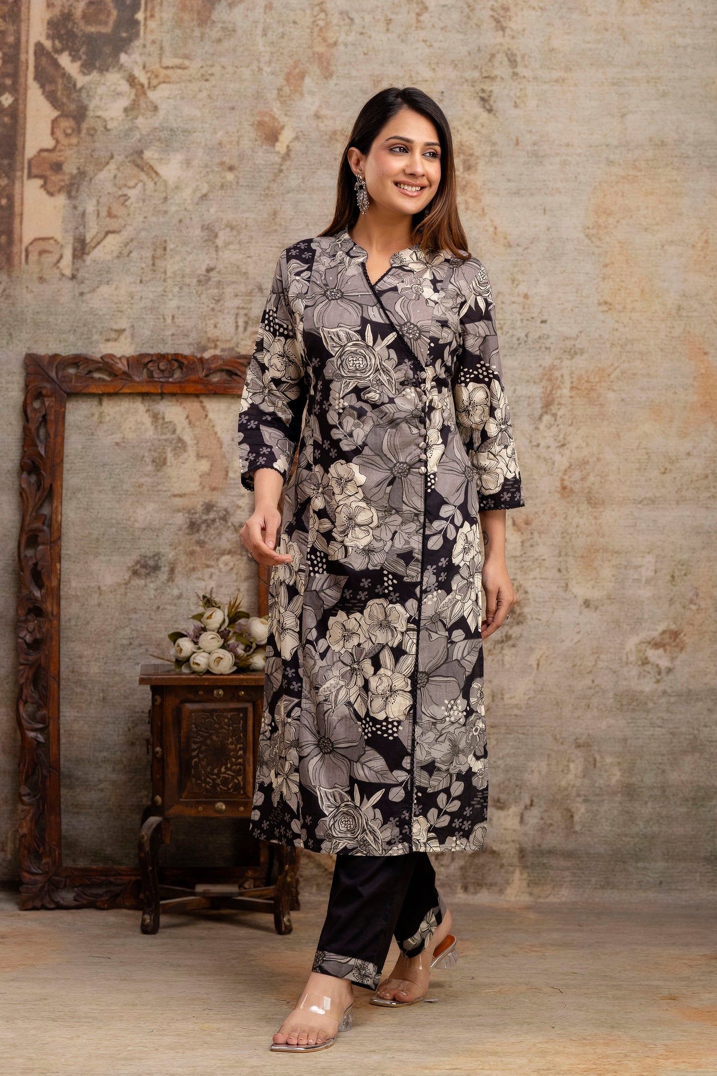 Black Floral Angrakha Kurta Set