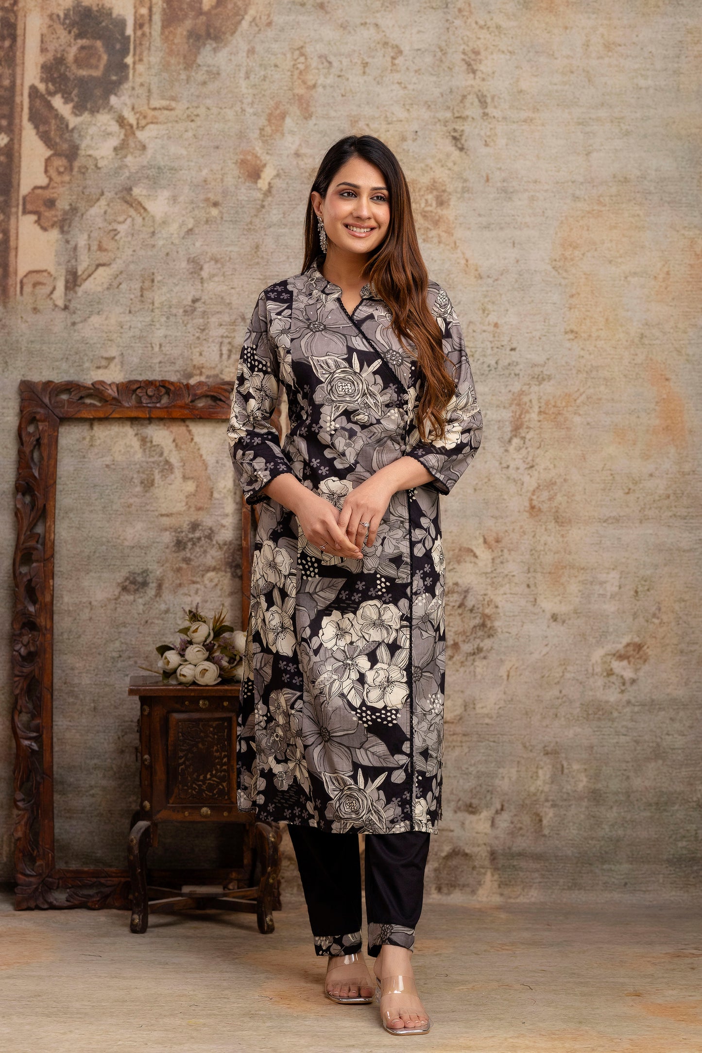 Black Floral Angrakha Kurta Set