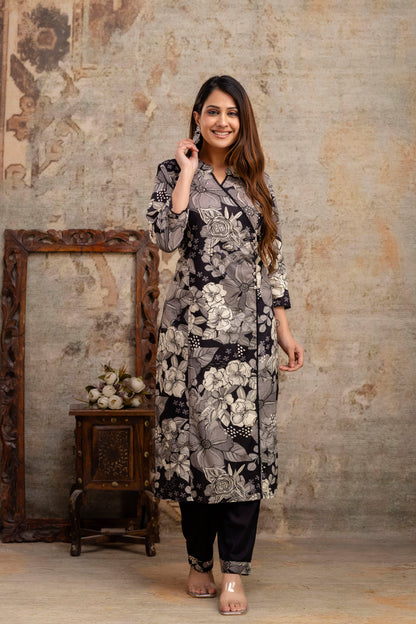 Black Floral Angrakha Kurta Set