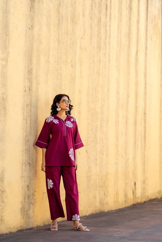 Wine Plum Embroidered Co-ord Set