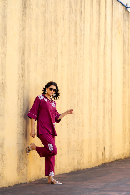 Wine Plum Embroidered Co-ord Set